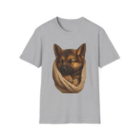 Gray t-shirt with a dog and knitted scarf design on a white background