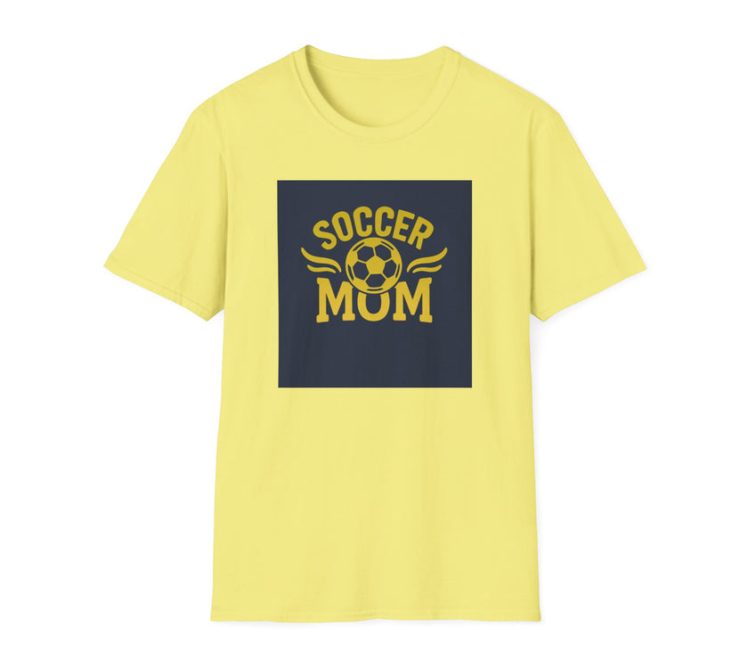 Yellow t-shirt with 'Soccer Mom' text and soccer ball graphic on a white background