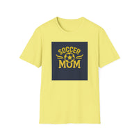 Yellow t-shirt with 'Soccer Mom' text and soccer ball graphic on a white background