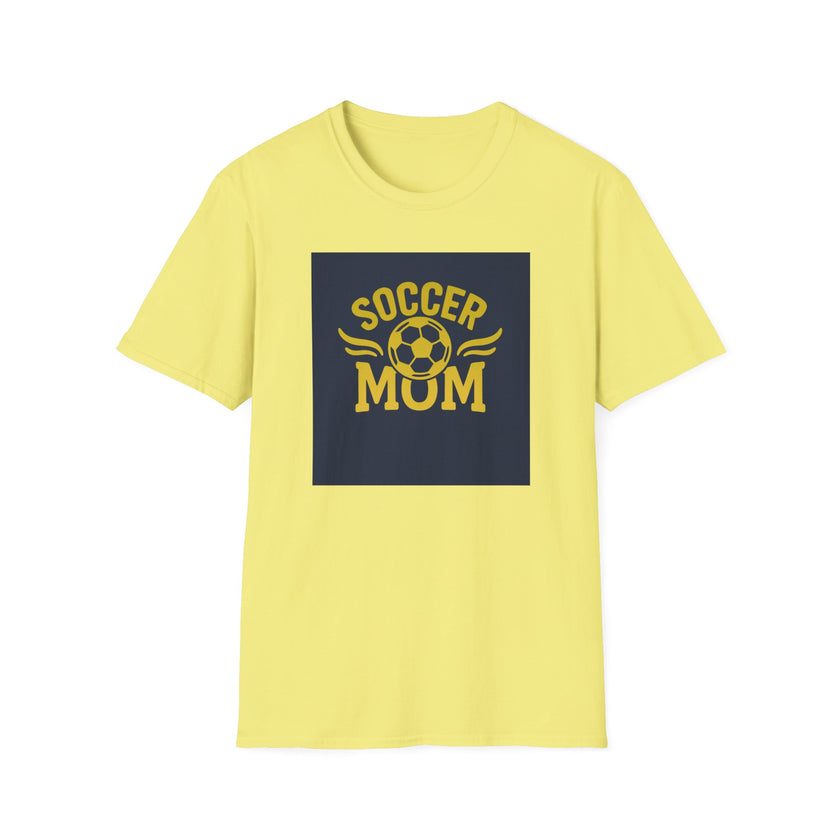 Yellow t-shirt with 'Soccer Mom' text and soccer ball graphic on a white background