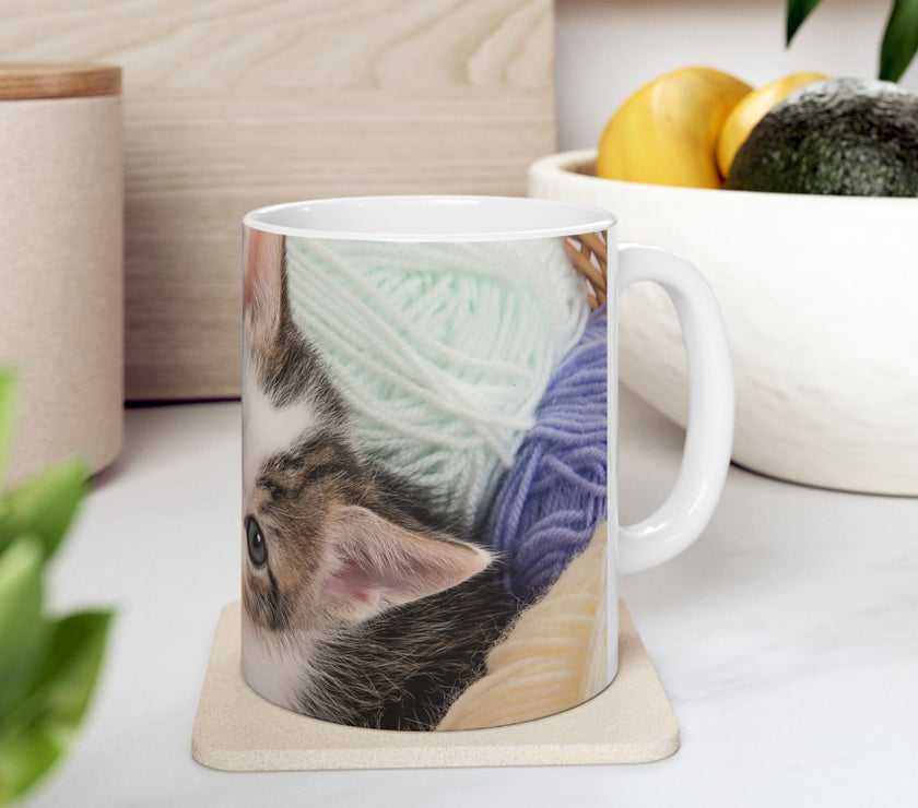 Whiskers & Work Mug –Kitten with Yarn Coffee Cup with message “I work hard so my cat can have a better life.”