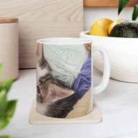 Whiskers & Work Mug –Kitten with Yarn Coffee Cup with message “I work hard so my cat can have a better life.”