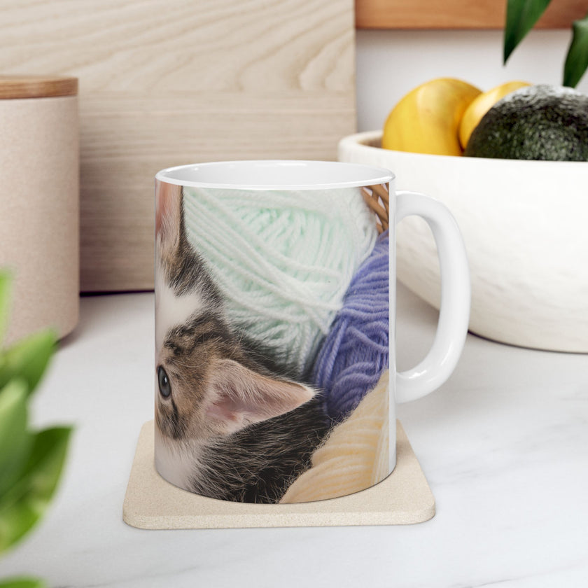 Whiskers & Work Mug –Kitten with Yarn Coffee Cup with message “I work hard so my cat can have a better life.”
