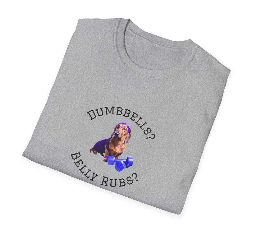 Sport Grey adult T-shirt with a printed image of a dog and the humorous text 'Dumbbells? Belly Rubs?', designed for dog lovers and fitness enthusiasts.  Folded