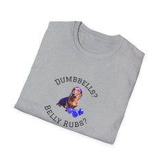 Sport Grey adult T-shirt with a printed image of a dog and the humorous text 'Dumbbells? Belly Rubs?', designed for dog lovers and fitness enthusiasts.  Folded