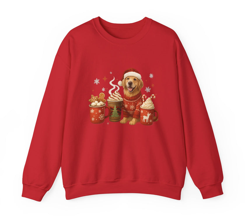 Red sweatshirt with a dog and festive items design on a white background
