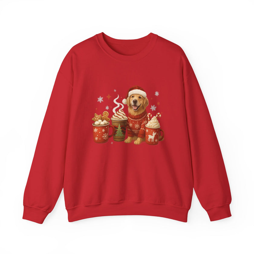 Red sweatshirt with a dog and festive items design on a white background