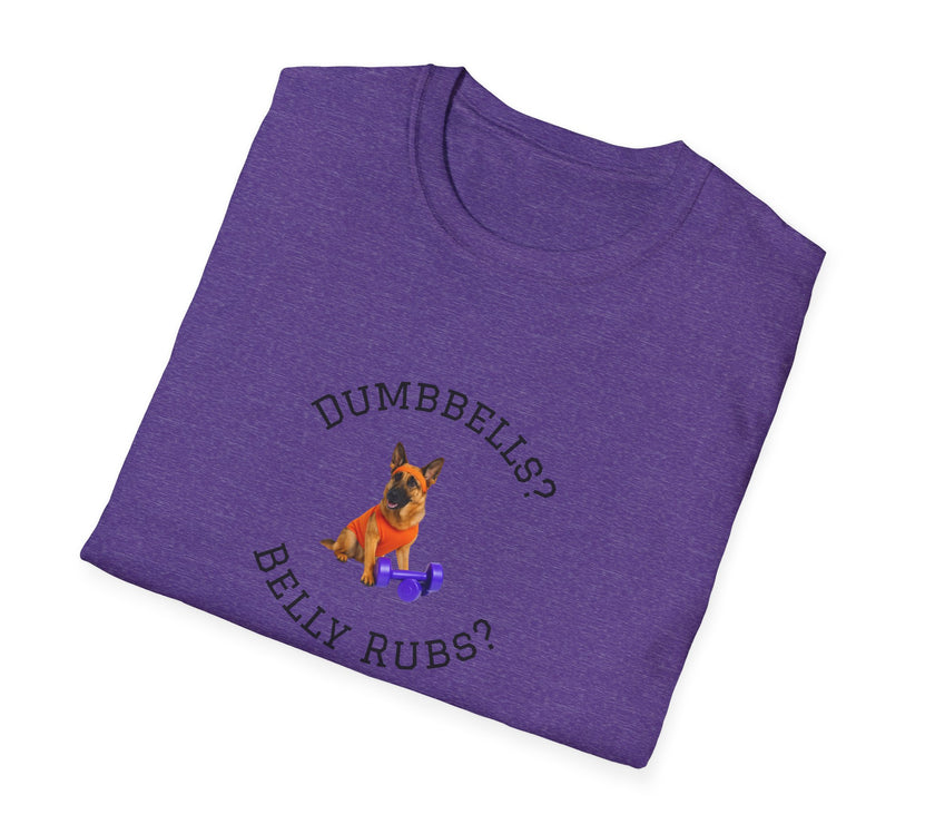 German Shepard Dog Lover Workout Tee –“Belly Rubs or Dumbbells?”