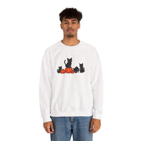 Person wearing a white sweatshirt with black cat and orange pumpkin design on a white background