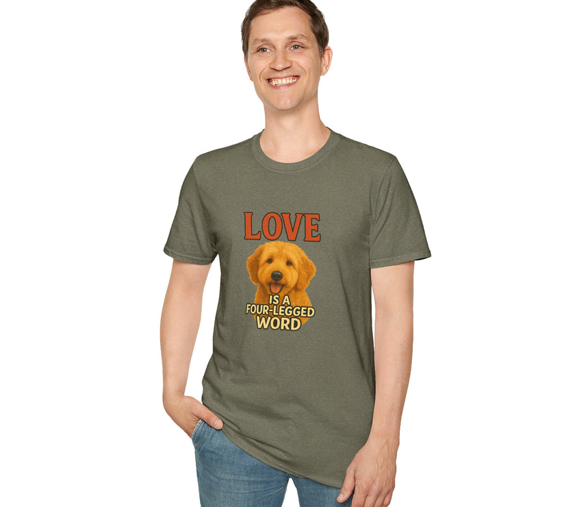 Person wearing a green t-shirt with a dog graphic and text on a white background