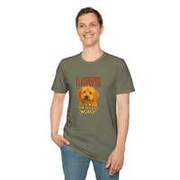 Person wearing a green t-shirt with a dog graphic and text on a white background
