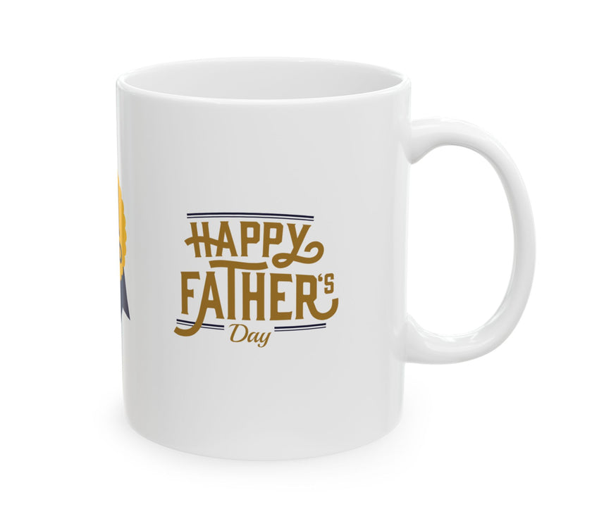 White ceramic mug featuring a #1 Dad ribbon and Happy Father’s Day message, ideal gift for Father’s Day celebrations."