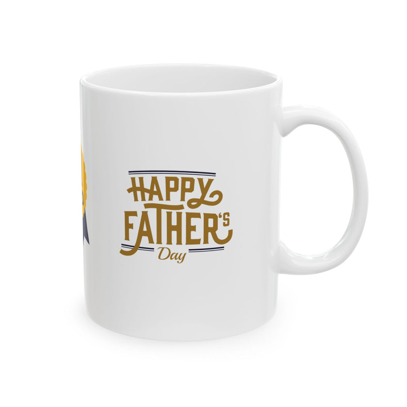 White ceramic mug featuring a #1 Dad ribbon and Happy Father’s Day message, ideal gift for Father’s Day celebrations."