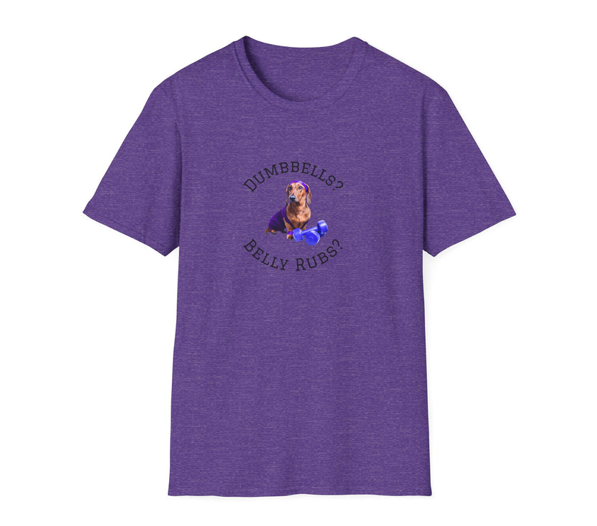 Heather Purple adult T-shirt with a printed image of a dog and the humorous text 'Dumbbells? Belly Rubs?', designed for dog lovers and fitness enthusiasts.