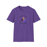 Heather Purple adult T-shirt with a printed image of a dog and the humorous text 'Dumbbells? Belly Rubs?', designed for dog lovers and fitness enthusiasts.