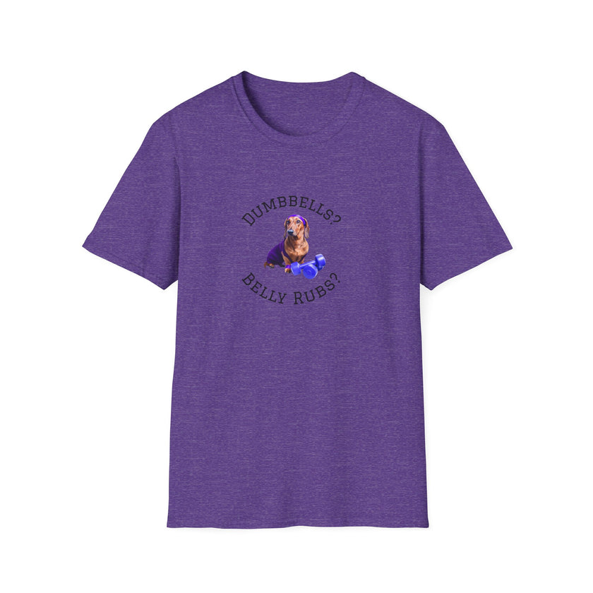 Heather Purple adult T-shirt with a printed image of a dog and the humorous text 'Dumbbells? Belly Rubs?', designed for dog lovers and fitness enthusiasts.