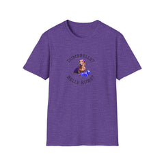 Heather Purple adult T-shirt with a printed image of a dog and the humorous text 'Dumbbells? Belly Rubs?', designed for dog lovers and fitness enthusiasts.