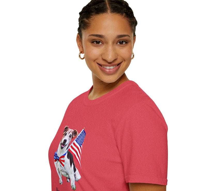 Female wearing T-shirt featuring a cute  puppy wearing an American flag bow tie and holding a small U.S. flag, with the phrase 'Born to Be Free' printed below the image.