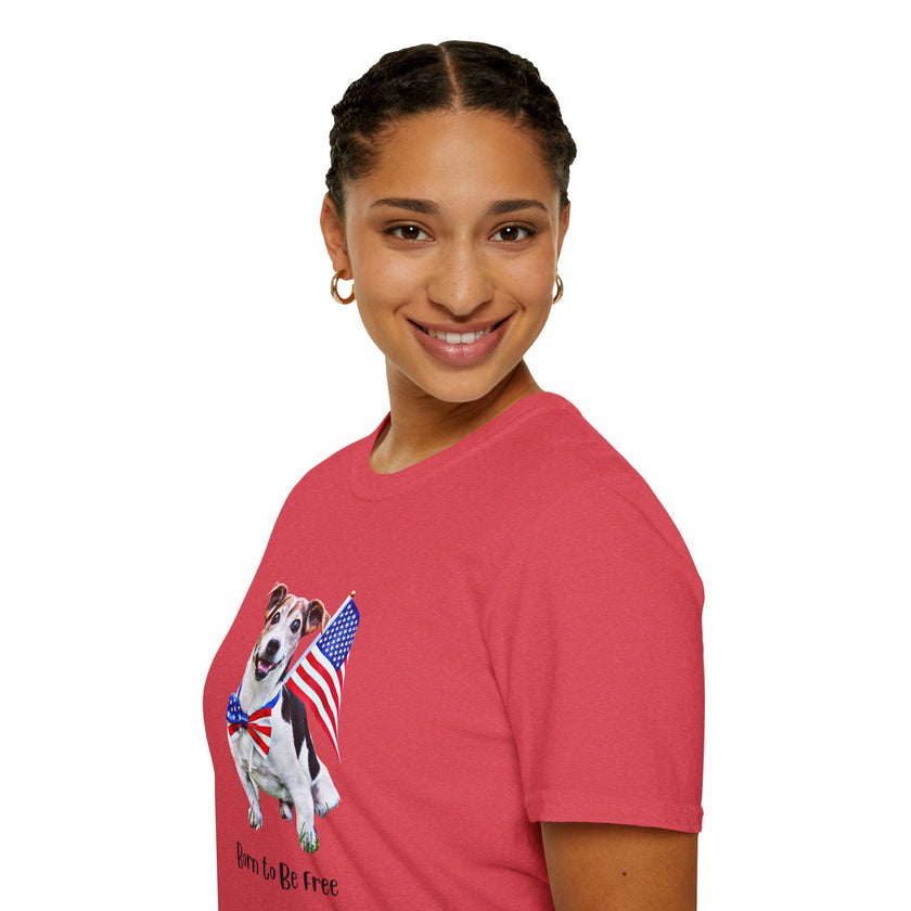 Female wearing T-shirt featuring a cute  puppy wearing an American flag bow tie and holding a small U.S. flag, with the phrase 'Born to Be Free' printed below the image.