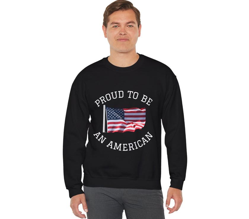 Man wearing a black sweatshirt with 'Proud to be an American' text and an American flag graphic on a white background.