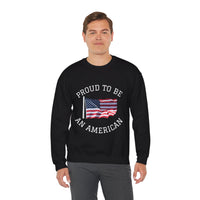 Man wearing a black sweatshirt with 'Proud to be an American' text and an American flag graphic on a white background.