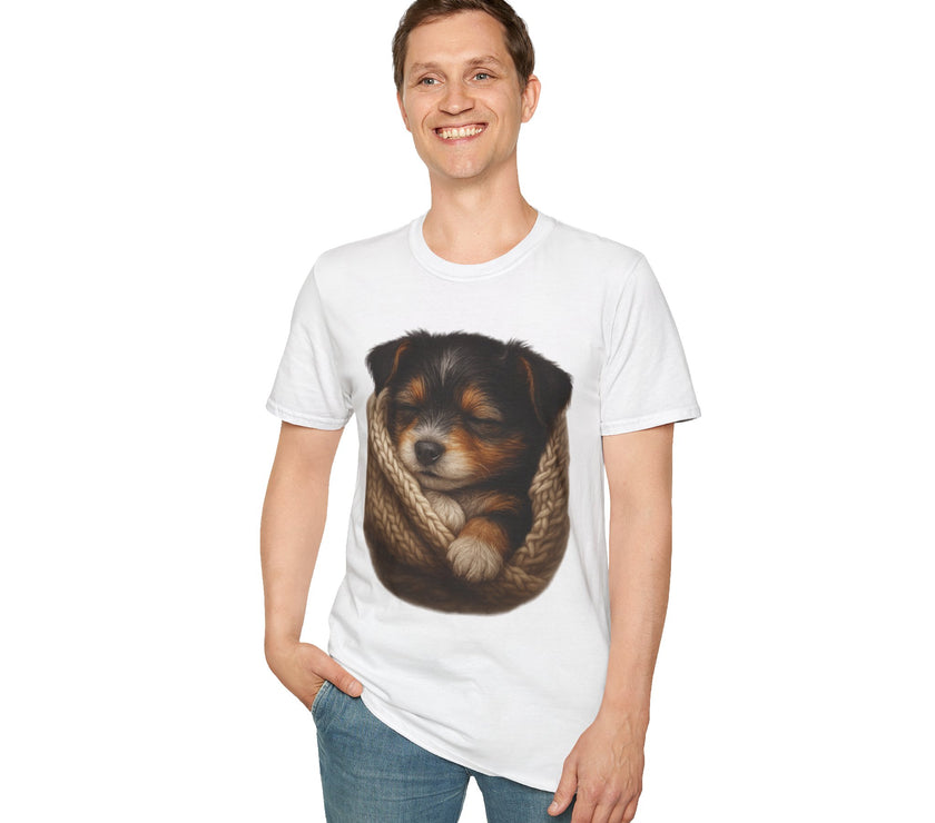 Person wearing a white t-shirt with a dog graphic on a white background