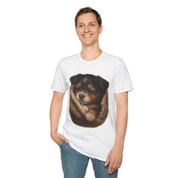 Person wearing a white t-shirt with a dog graphic on a white background