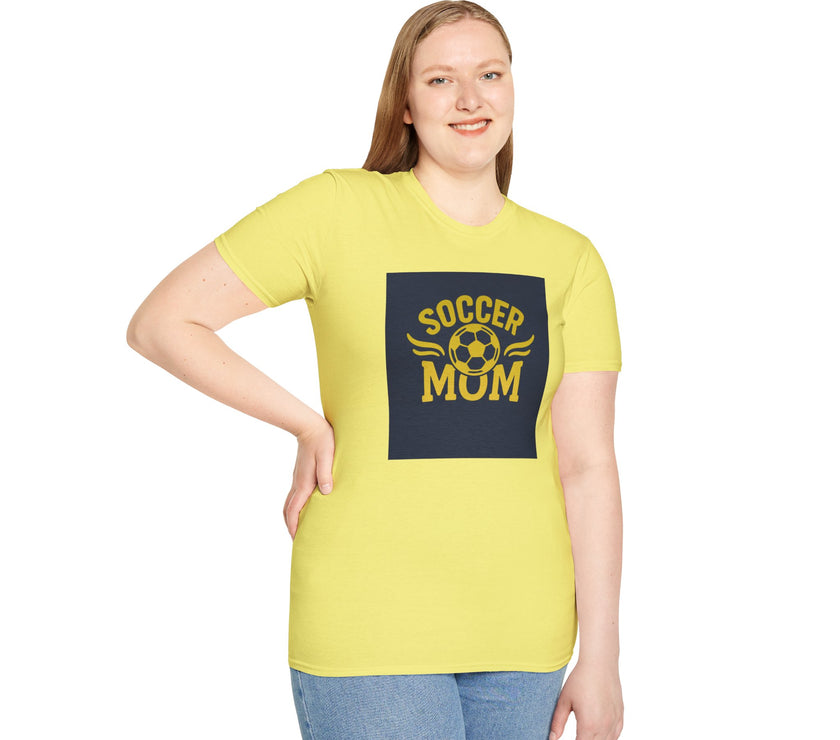 Woman wearing a yellow t-shirt with 'Soccer Mum' text on a white background