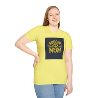 Woman wearing a yellow t-shirt with 'Soccer Mum' text on a white background