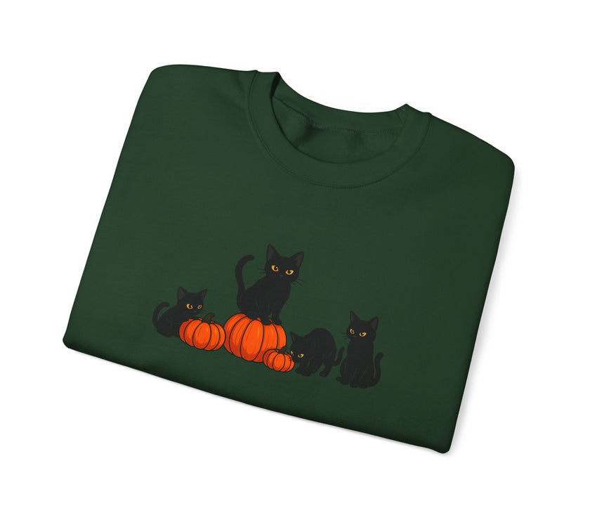 Folded green sweatshirt with black cats and pumpkins design on a white background