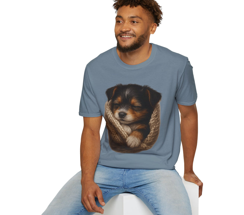 Man wearing a blue t-shirt with a puppy design on a white background