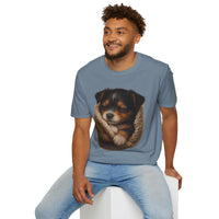 Man wearing a blue t-shirt with a puppy design on a white background