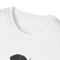 White t-shirt featuring a patriotic Black Lab wearing an American flag bowtie and holding U.S. flags, with the Black Labphrase "Born to Be Free" printed below — perfect for dog lovers and patriotic Americans.