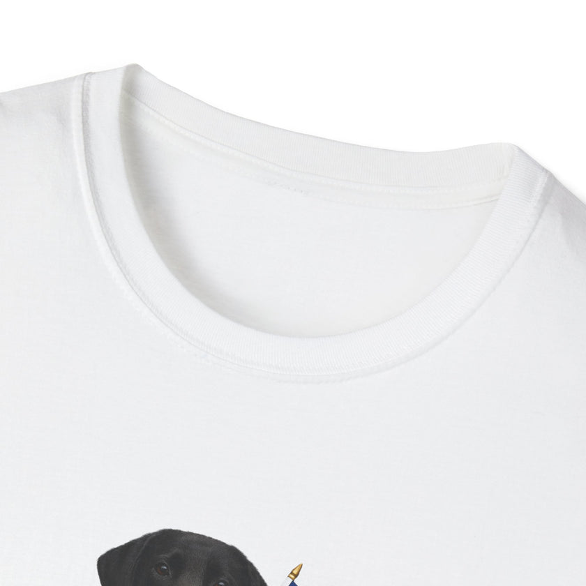 White t-shirt featuring a patriotic Black Lab wearing an American flag bowtie and holding U.S. flags, with the Black Labphrase "Born to Be Free" printed below — perfect for dog lovers and patriotic Americans.