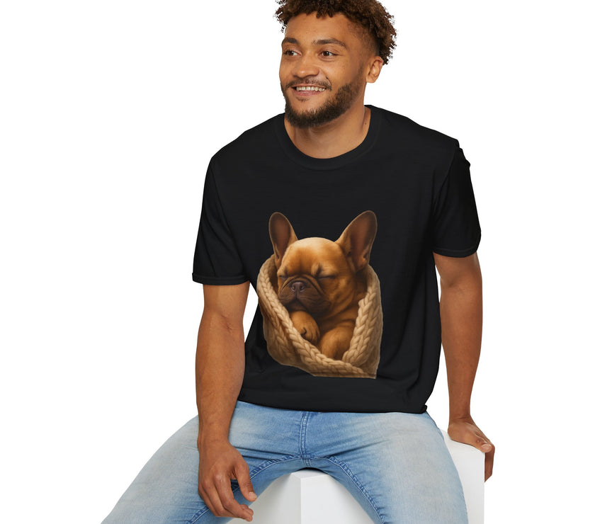 Man wearing a black t-shirt with a dog graphic on a white background