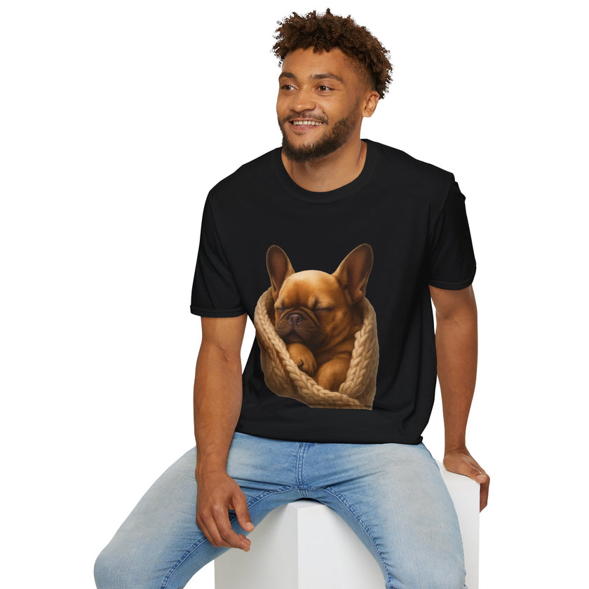 Man wearing a black t-shirt with a dog graphic on a white background