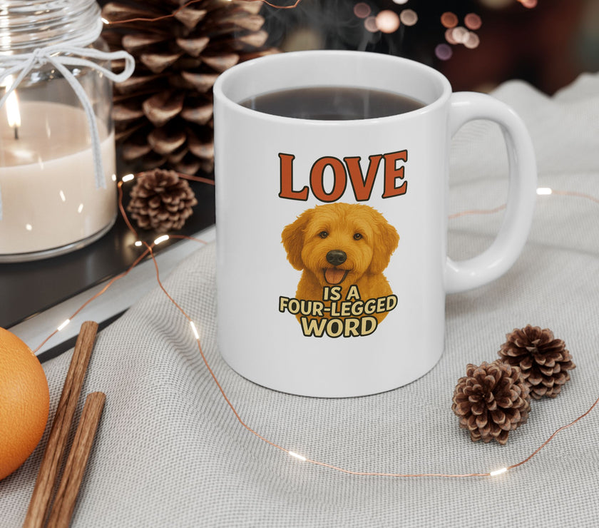 White mug with a dog illustration and text on a table with decorative items