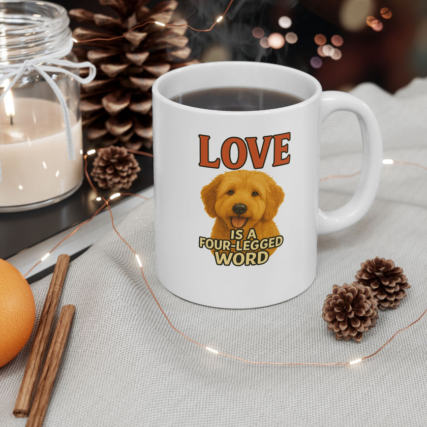 White mug with a dog illustration and text on a table with decorative items