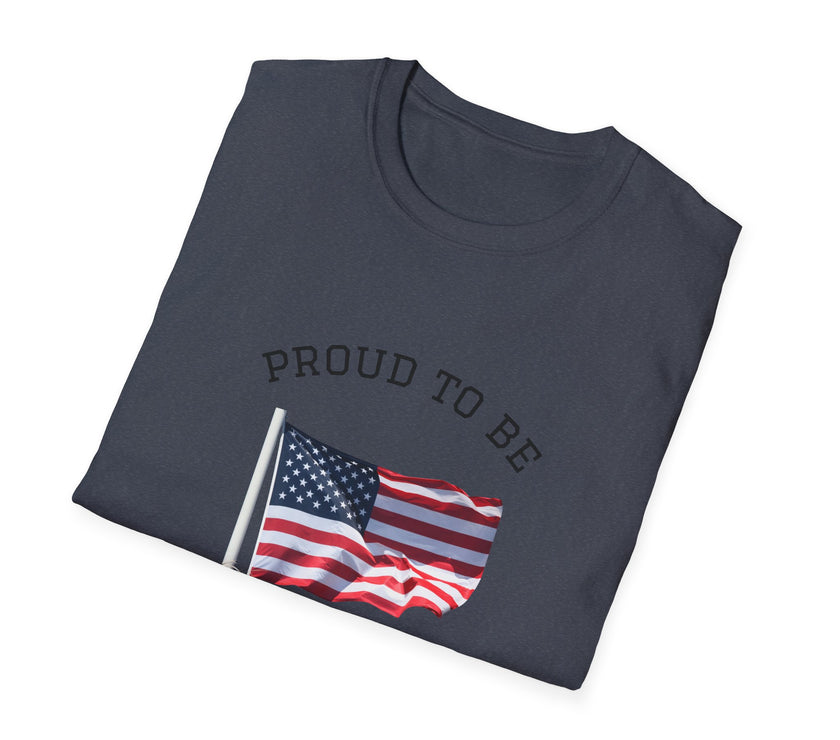 Folded T-shirt with an American flag graphic and the words 'Proud to Be an American' printed around the flag