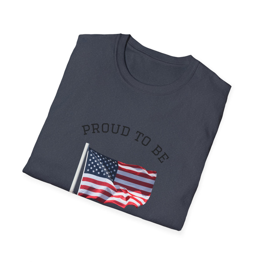 Folded T-shirt with an American flag graphic and the words 'Proud to Be an American' printed around the flag
