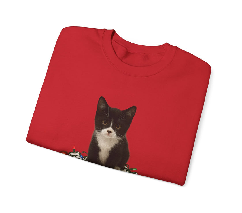 Folded red sweatshirt with a black and white cat design on a white background