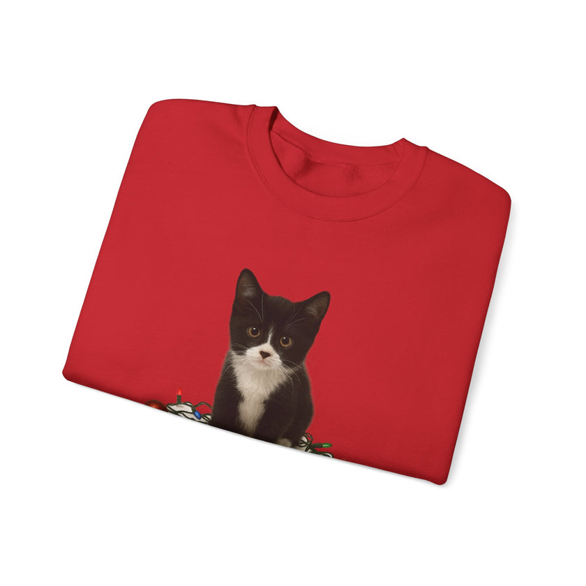 Folded red sweatshirt with a black and white cat design on a white background