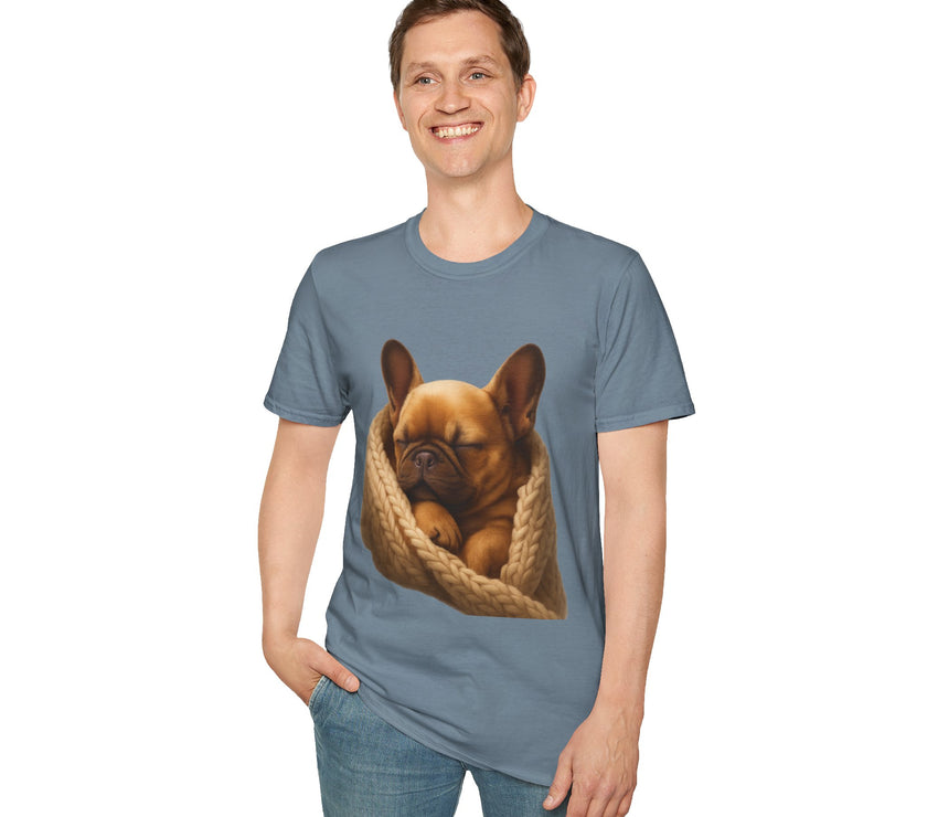 Person wearing a blue t-shirt with a dog graphic on a white background