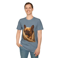 Person wearing a blue t-shirt with a dog graphic on a white background