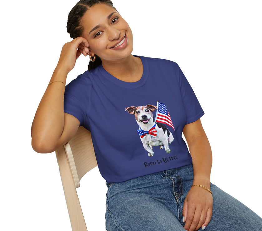 Female wearing T-shirt featuring a cute  puppy wearing an American flag bow tie and holding a small U.S. flag, with the phrase 'Born to Be Free' printed below the image.