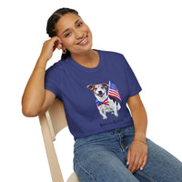 Female wearing T-shirt featuring a cute  puppy wearing an American flag bow tie and holding a small U.S. flag, with the phrase 'Born to Be Free' printed below the image.