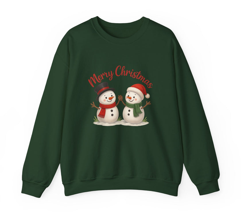 Green sweatshirt with 'Merry Christmas' and snowman design on a white background