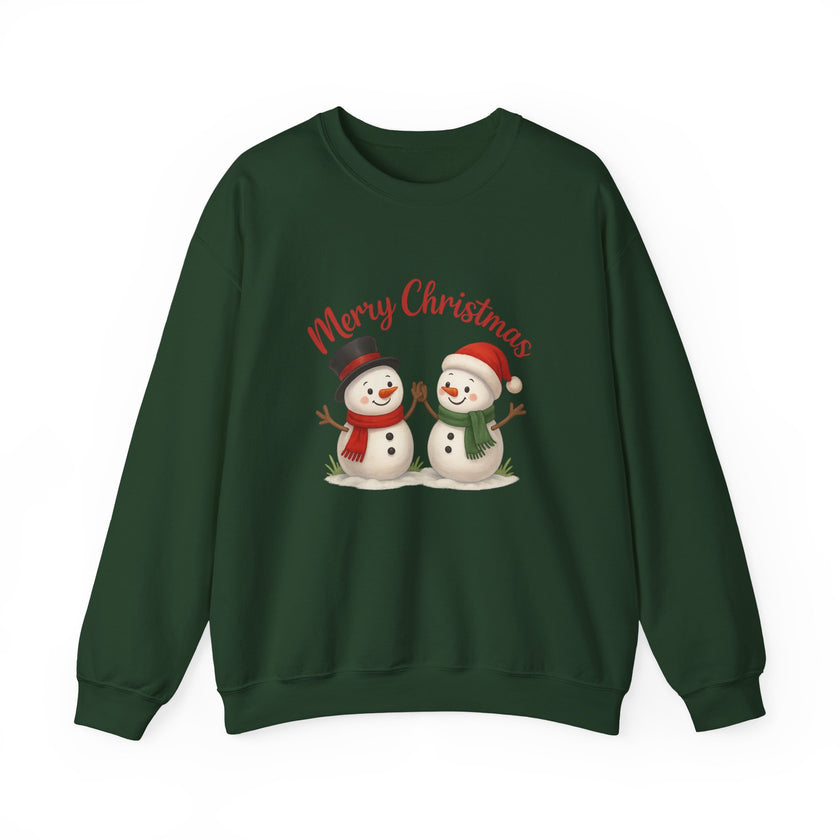 Green sweatshirt with 'Merry Christmas' and snowman design on a white background