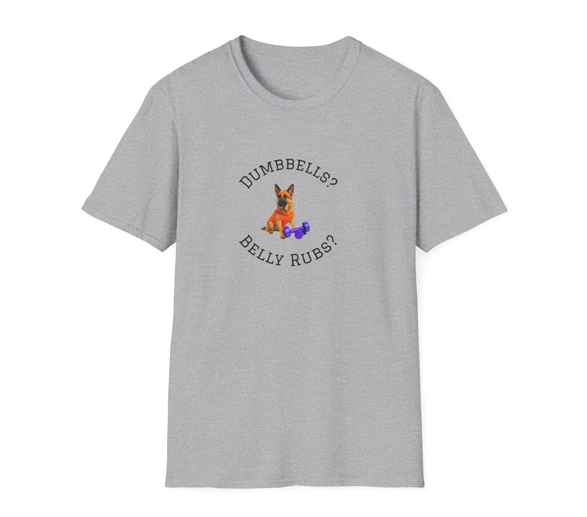 Gray t-shirt with a dog graphic and text on a white background