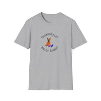 Gray t-shirt with a dog graphic and text on a white background